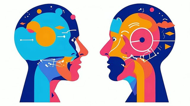 Two heads  facing each other, with  the brain  showing in each.