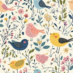 Whimsical hand-drawn birds and flowers in a seamless pattern with vibrant colors. Ideal for nature-inspired, joyful designs, perfect for spring and summer themes.
