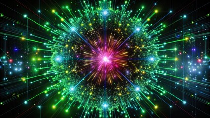 Fototapeta premium A digital explosion of green and purple lights.