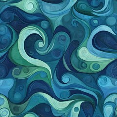 Abstract swirling wave pattern in rich blues and greens, seamlessly blending organic shapes and curves, perfect for decorative backgrounds and textiles.