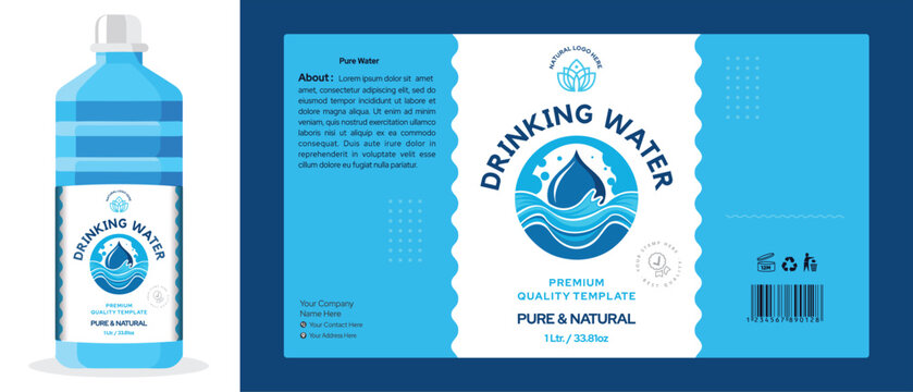 Mineral water bottle label design, drinking water label design, product label design template, food packaging wrapper sticker editable vector file illustration with mockup template download