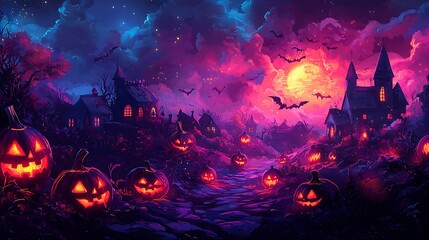 A haunting Halloween night with jack-o'-lanterns glowing beneath a full moon�s eerie light.