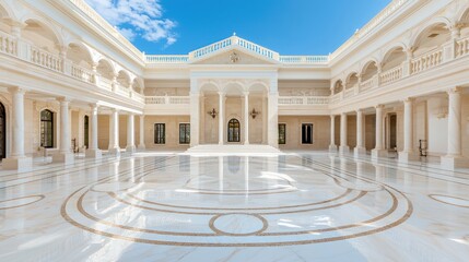 Enchanting Renaissance Grandeur: Marble Statues, Ornate Fountains, and Noble Courtiers in Magnificent Courtyard