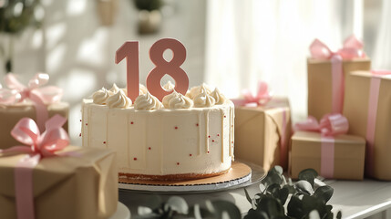 An 18th birthday cake with pink candles and surrounded by presents