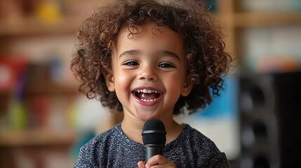 A happy child sings with a microphone, filled with the thrill of the moment.