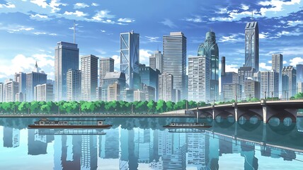 Fototapeta premium Anime Style City Background with Tall Skyscrapers and Bridge, Clear Sky with Clouds, Boats on River, and Reflection of Buildings and Bridge on Still Water.
