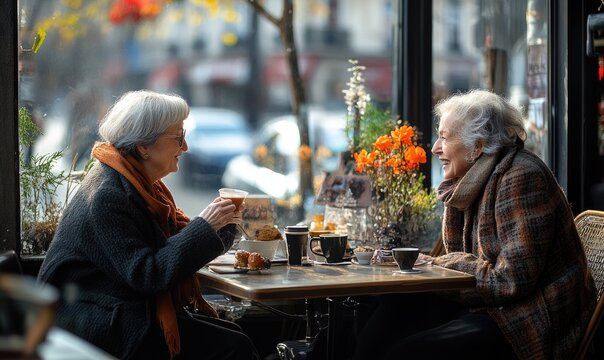 Two senior women sitting at a table in a cafe, one of them is wearing an orange scarf