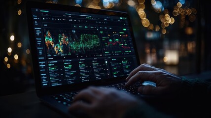 Obraz premium Close-up of hands typing on a laptop displaying complex financial data and stock market charts, set against a dark, bokeh-lit background.