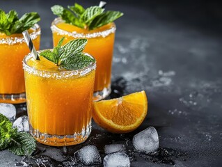 Frosty glasses of juice with mint and ice, served at a holiday gathering, cold drinks, winter celebration