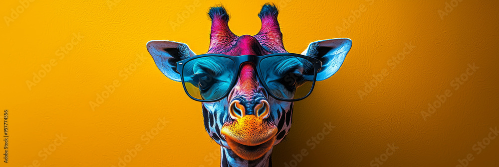 Wall mural A colorful giraffe wearing stylish sunglasses stares directly at the camera with a playful expression against a bright yellow background.