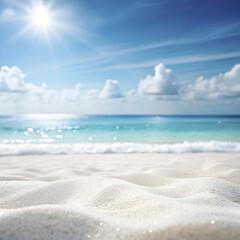 Beach mockup background. White blank sand in summer for product display design against blurred blue tropical sea ocean sky and sun