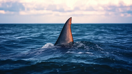 Fototapeta premium A shark fin emerges from the ocean water as the sun sets on a calm evening