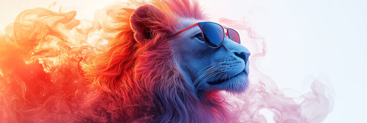 A majestic white lion with a mane of fire and smoke, sporting trendy sunglasses.