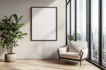 Poster Frame in Beige minimalist living room interior created with generative AI