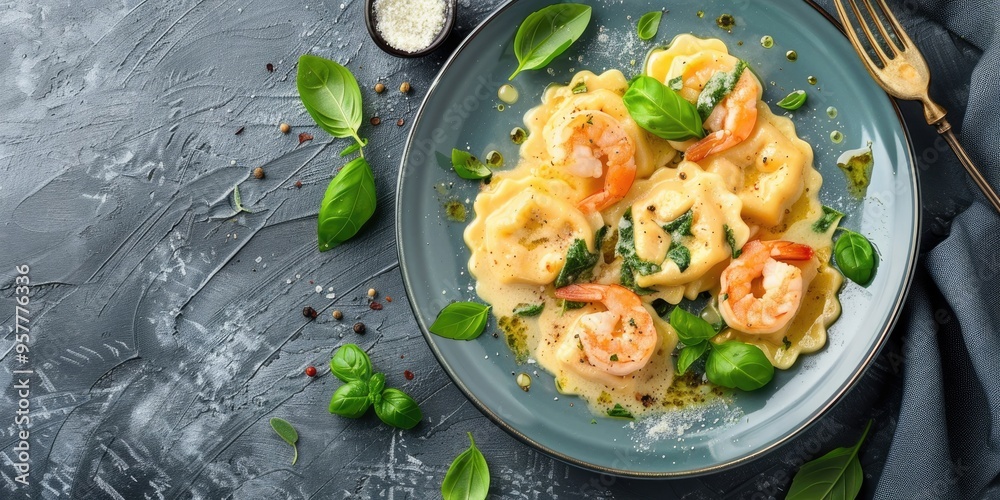 Wall mural shrimp and spinach ravioli served on a blue plate on a grey table