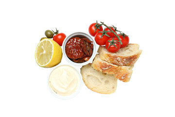 PNG, olives, tomato and bread, isolated on white background.