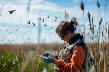 A female scientist tagging migratory birds in a coastal wetland. The area is filled with reeds and the calls of distant birds