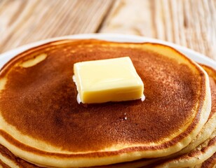 Isolated stack of fluffy pancakes drizzled with golden syrup and topped with melted butter, a delicious breakfast treat on a white plate