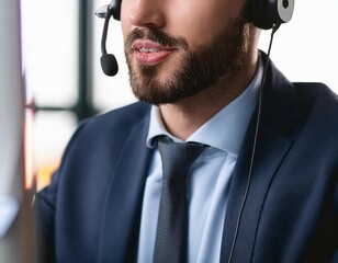 Smiling in business attire wearing headset, working at call center, providing customer support