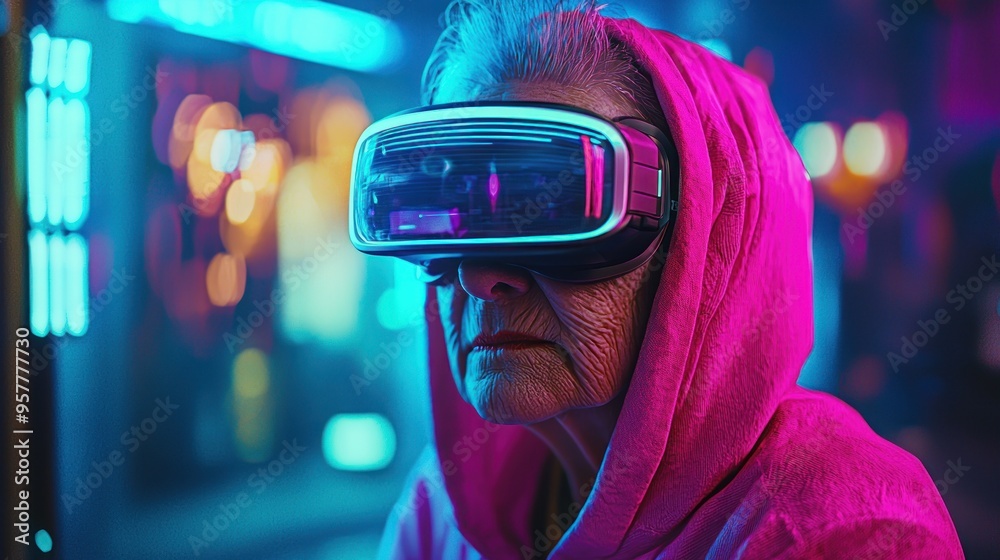 Wall mural Elderly Woman Wearing VR Headset in Neon Light