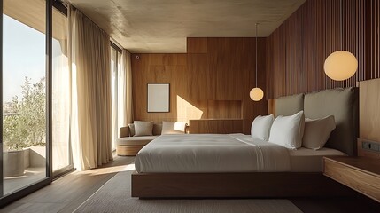 Obraz premium A bedroom with wooden walls, a simple bed, and ample natural light, embracing minimalist design.