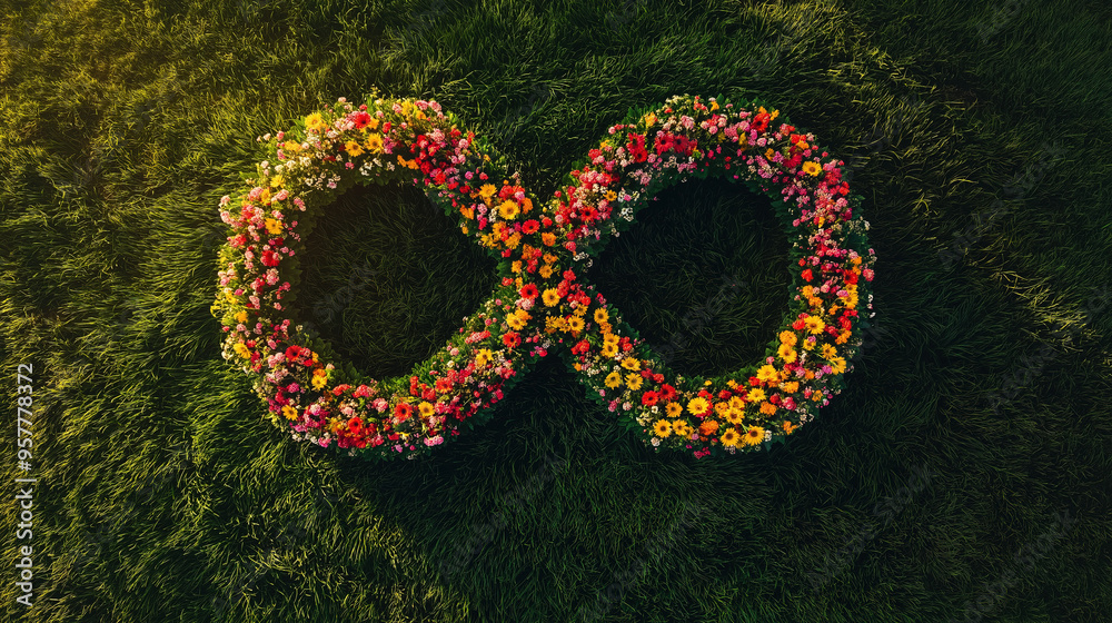 Wall mural illustration of an infinity symbol made of red and yellow flowers on the lawn