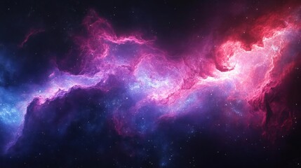 Naklejka premium A vibrant cosmic scene of nebulae and stars in hues of pink, blue, purple, and black.