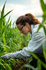 A female scientist testing soil moisture in an agricultural field. The crops around her are tall and green, ready for harvest