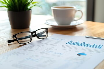 Top view of business workplace with papers, coffee cup and glasses on wooden table