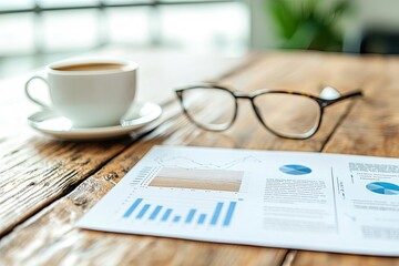 Top view of business workplace with papers, coffee cup and glasses on wooden table