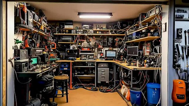 a man in a room full of electronics