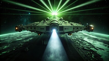 A spaceship emits beams of light in deep space.