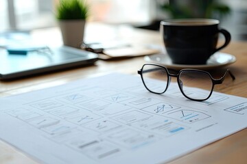 Top view of business workplace with papers, coffee cup and glasses on wooden table