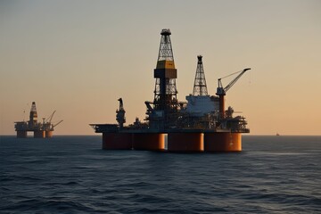 Fototapeta premium Industrial Oil Platform Casting Shadows at Dusk in North Sea Energy Production Sites