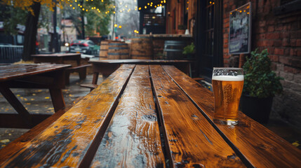 Fototapeta premium A pint of beer sits on a rustic wooden table at an outdoor pub setting, with an autumn evening ambiance.
