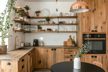 Modern Kitchen with Open Shelving and Stylish Copper Accents