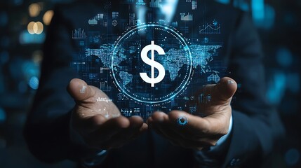 Fototapeta premium A businessman holds a hologram of a dollar sign surrounded by global data, symbolizing financial influence.