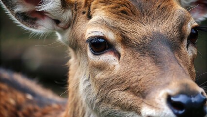 Close-up of the gentle face of a baby deer.