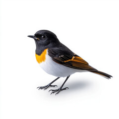 Fototapeta premium A detailed image of a small, colorful songbird with vibrant orange, black, and white feathers, standing on a white background.