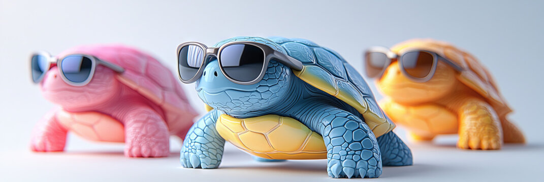 Three cute turtles wearing sunglasses, in pink, blue and yellow, are looking cool and ready for summer.