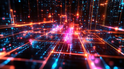 Obraz premium Vibrant digital landscape showcasing glowing lines and nodes. Perfect for technology, innovation, and futuristic themes.