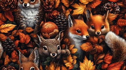 A seamless pattern of foxes, squirrels, deer, and owls playing among autumn leaves and pinecones, with a warm, earthy color scheme and detailed textures that evoke the tranquility of a forest in fall,