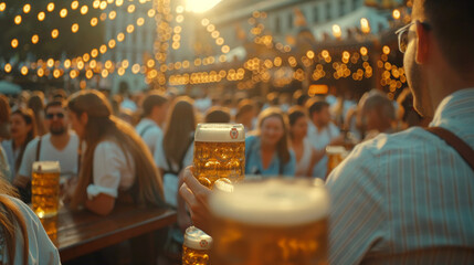 Obraz premium Artistic view of man in lederhosen at Oktoberfest, holding beer, festive crowd background.