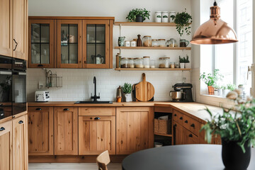 Modern Kitchen with Open Shelving and Stylish Copper Accents