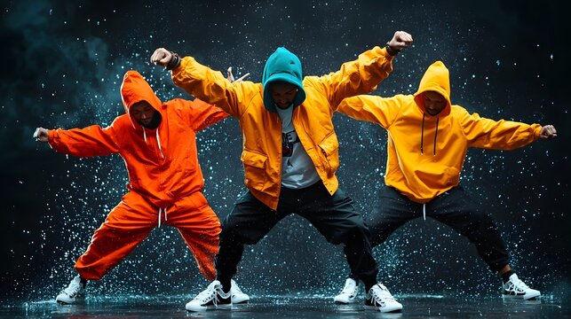 Dynamic Street Dance Performance with Urban Dancers in Colorful Outfits Against a Splashing Background. Hiphop Dancing Concept