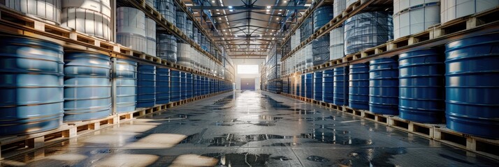 Chemical storage facility with plastic drums on pallets and containers for hazardous liquids in inventory, designed for the chemical sector.