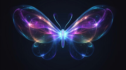 futuristic and technological illustration of purple and blue energy lines in the shape of a butterfly on dark background