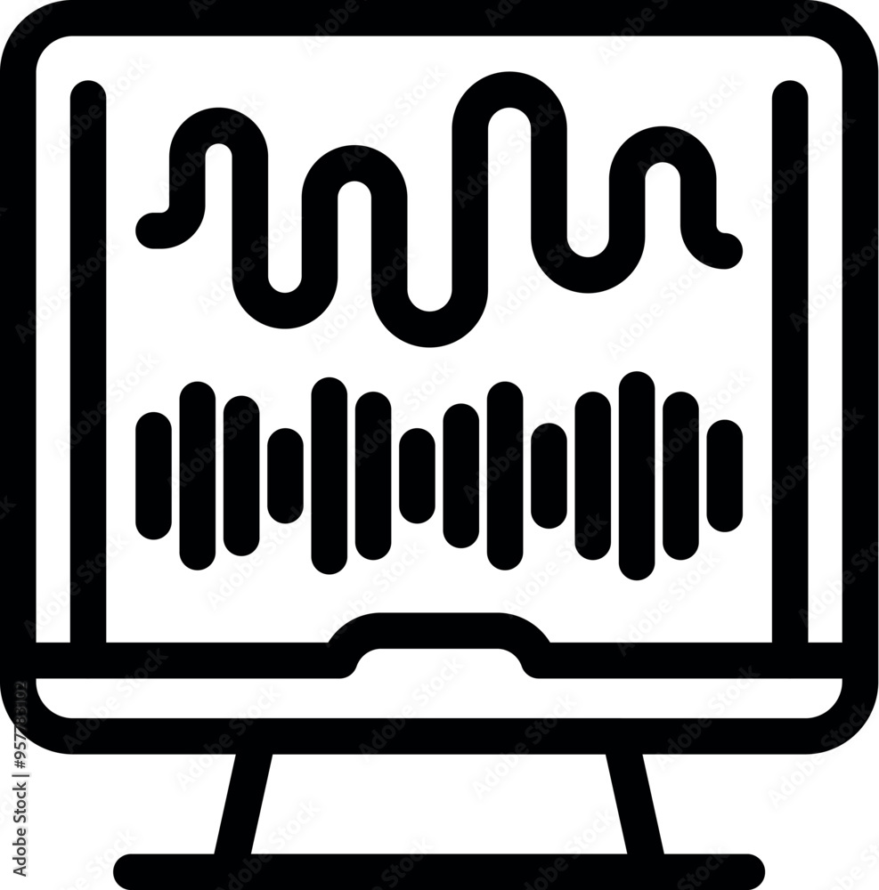 Poster simple bold line icon of a computer monitor displaying a sound waveform
