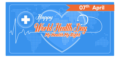 Commemorating World Health Day. Stethoscope and world map on blue color background. World Health Day concept. Flat vector illustration.