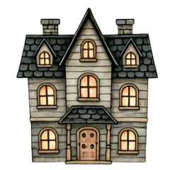 Black cottage with glowing windows. Halloween sticker isolated on transparent background.